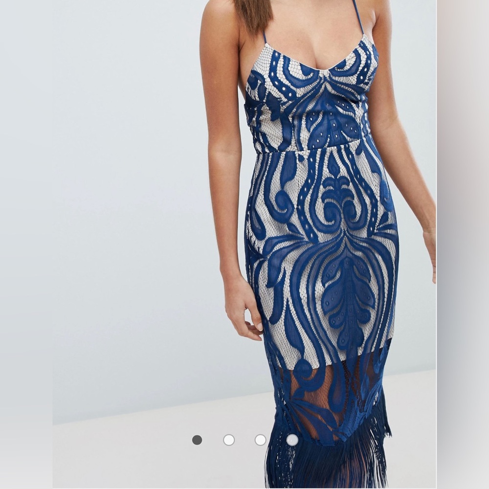 ASOS Blue and White Embroidered Midi Dress with Fringe